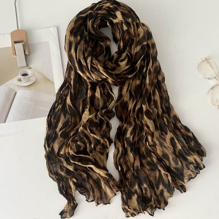 Bufanda fina de otoño de algodón y lino plisada con estampado de leopardo para mujer
