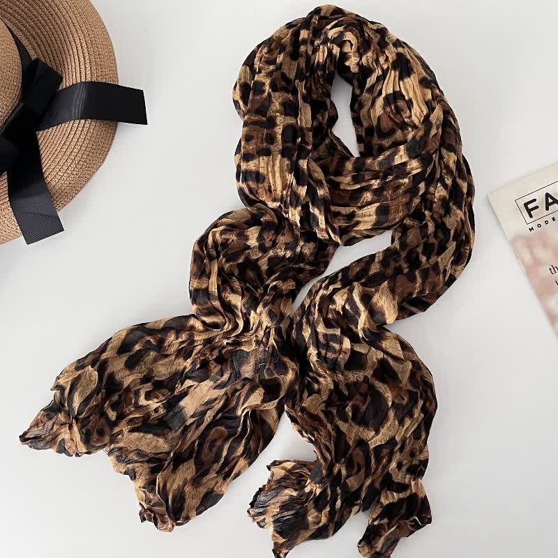 Bufanda fina de otoño de algodón y lino plisada con estampado de leopardo para mujer