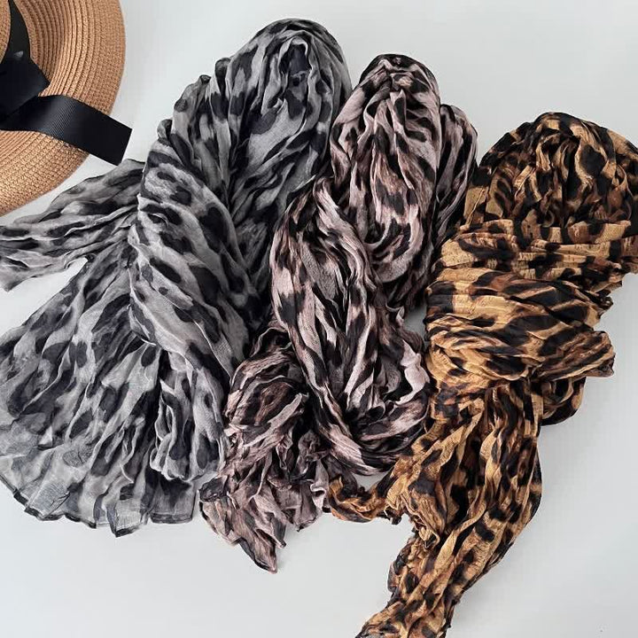 Bufanda fina de otoño de algodón y lino plisada con estampado de leopardo para mujer
