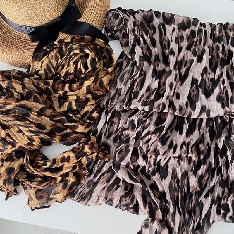 Bufanda fina de otoño de algodón y lino plisada con estampado de leopardo para mujer