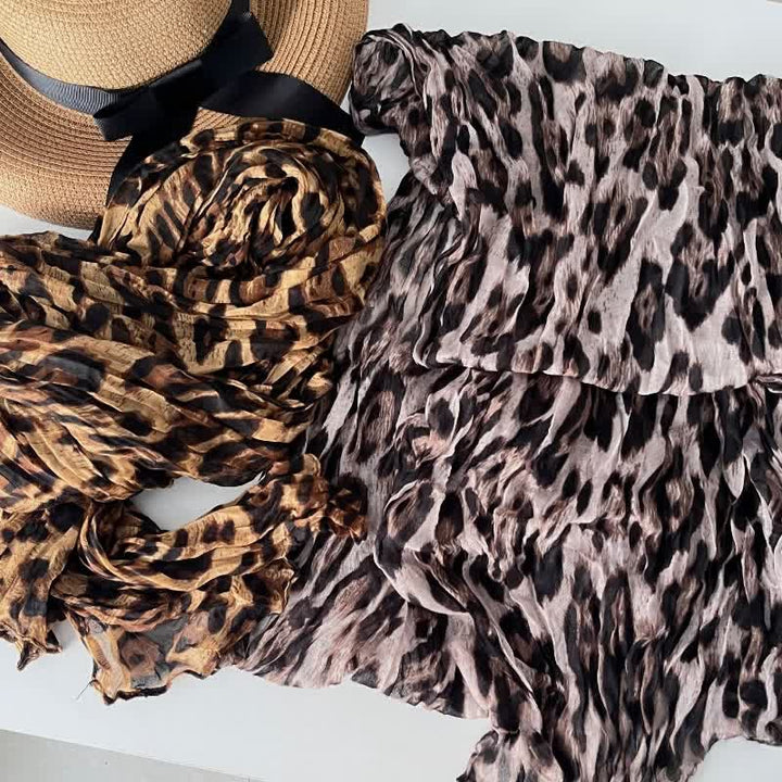 Bufanda fina de otoño de algodón y lino plisada con estampado de leopardo para mujer