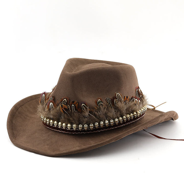 Sombrero de vaquero de gamuza con banda de plumas decorativa étnica