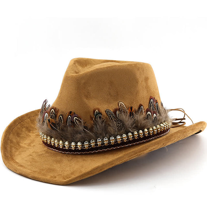 Sombrero de vaquero de gamuza con banda de plumas decorativa étnica