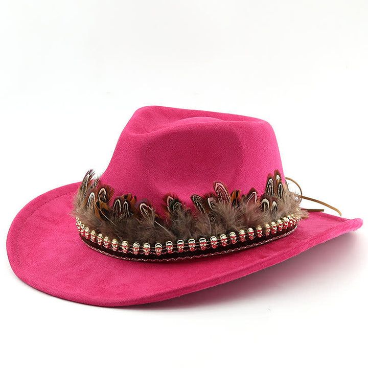 Sombrero de vaquero de gamuza con banda de plumas decorativa étnica