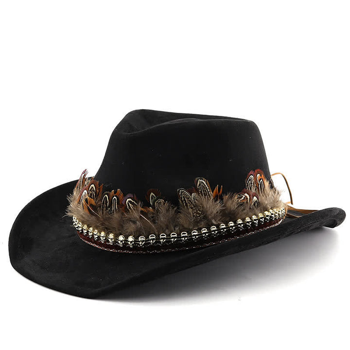 Sombrero de vaquero de gamuza con banda de plumas decorativa étnica