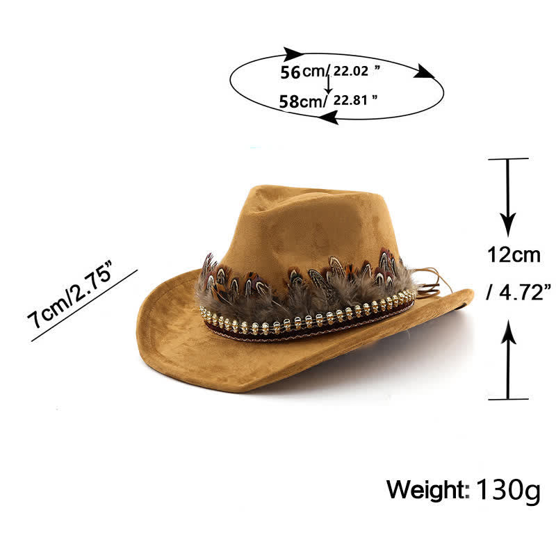 Sombrero de vaquero de gamuza con banda de plumas decorativa étnica