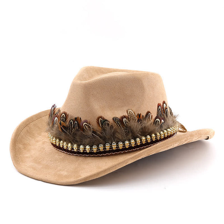 Sombrero de vaquero de gamuza con banda de plumas decorativa étnica