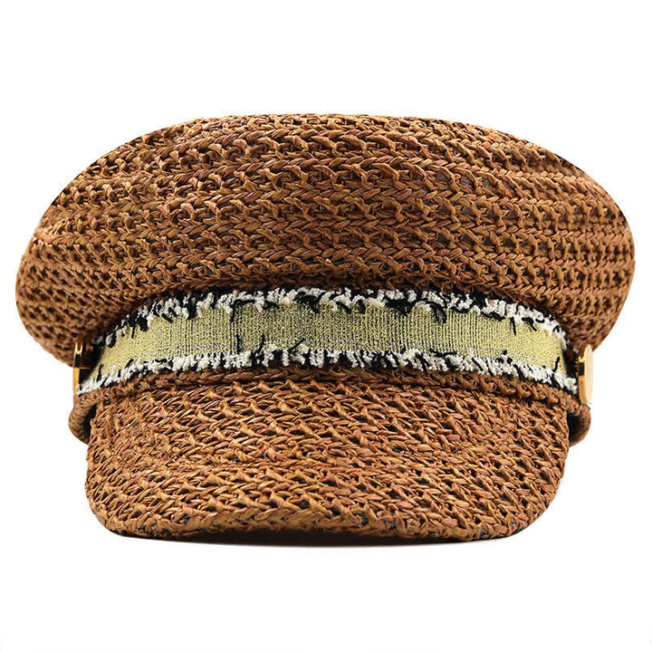 Boina de paja de crochet con gorra azul marino de copa plana para mujer