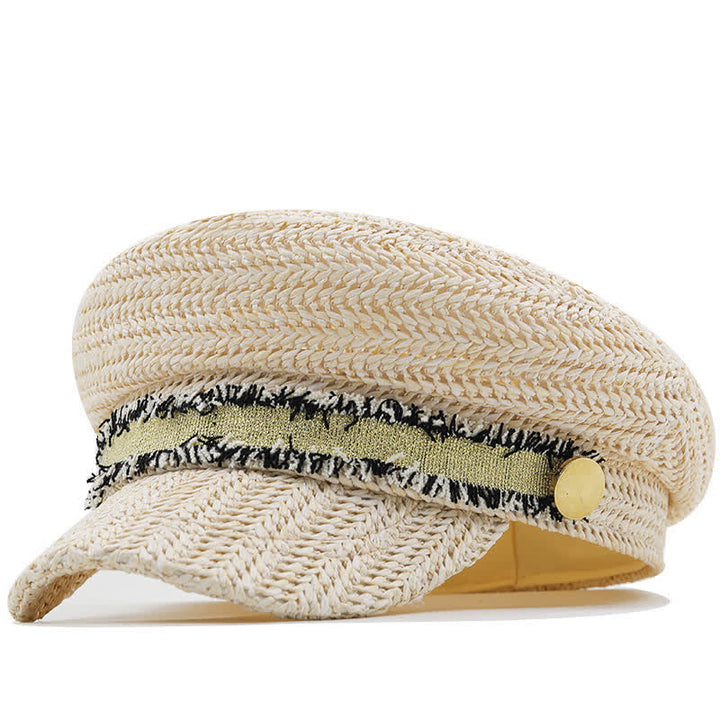 Boina de paja de crochet con gorra azul marino de copa plana para mujer