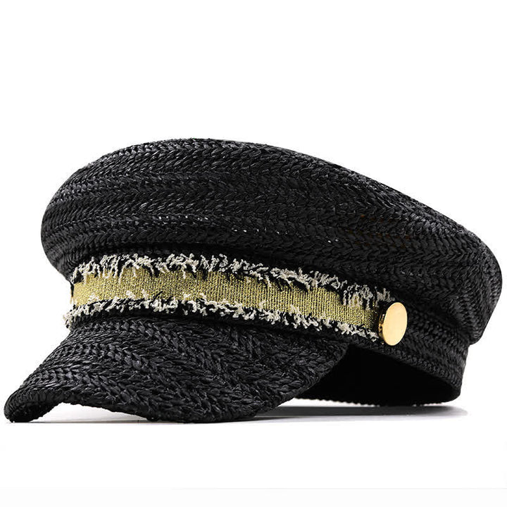 Boina de paja de crochet con gorra azul marino de copa plana para mujer