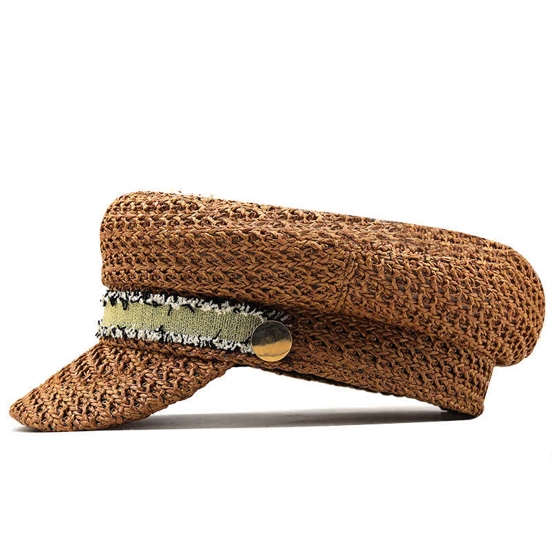 Boina de paja de crochet con gorra azul marino de copa plana para mujer