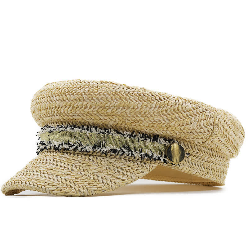 Boina de paja de crochet con gorra azul marino de copa plana para mujer