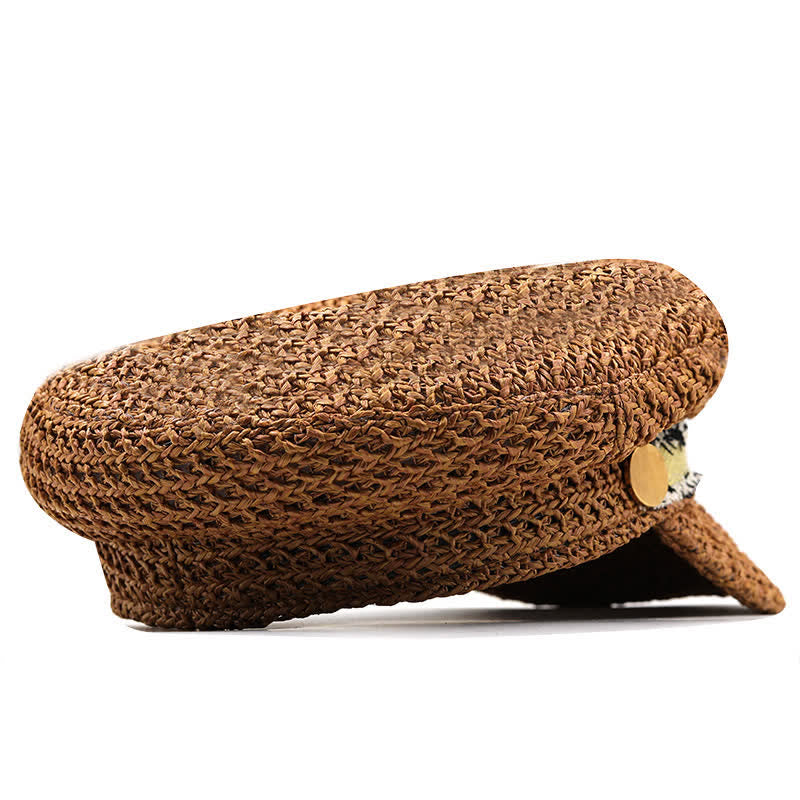 Boina de paja de crochet con gorra azul marino de copa plana para mujer
