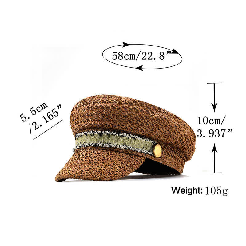 Boina de paja de crochet con gorra azul marino de copa plana para mujer