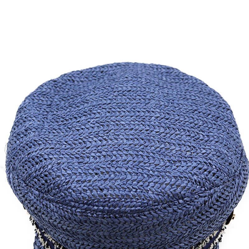 Boina de paja de crochet con gorra azul marino de copa plana para mujer