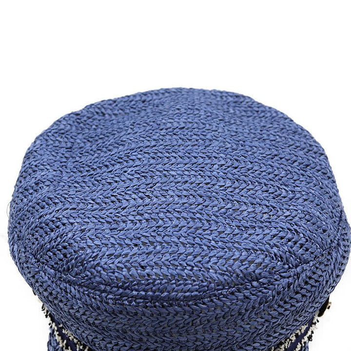 Boina de paja de crochet con gorra azul marino de copa plana para mujer