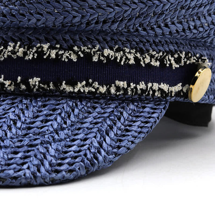 Boina de paja de crochet con gorra azul marino de copa plana para mujer