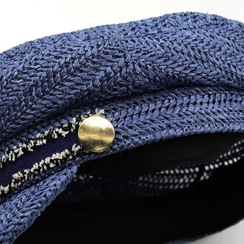 Boina de paja de crochet con gorra azul marino de copa plana para mujer
