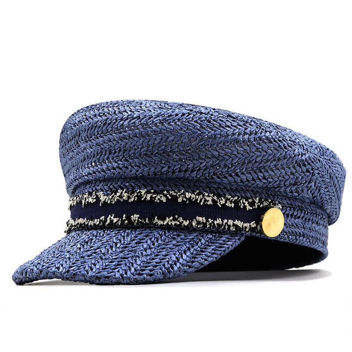 Boina de paja de crochet con gorra azul marino de copa plana para mujer