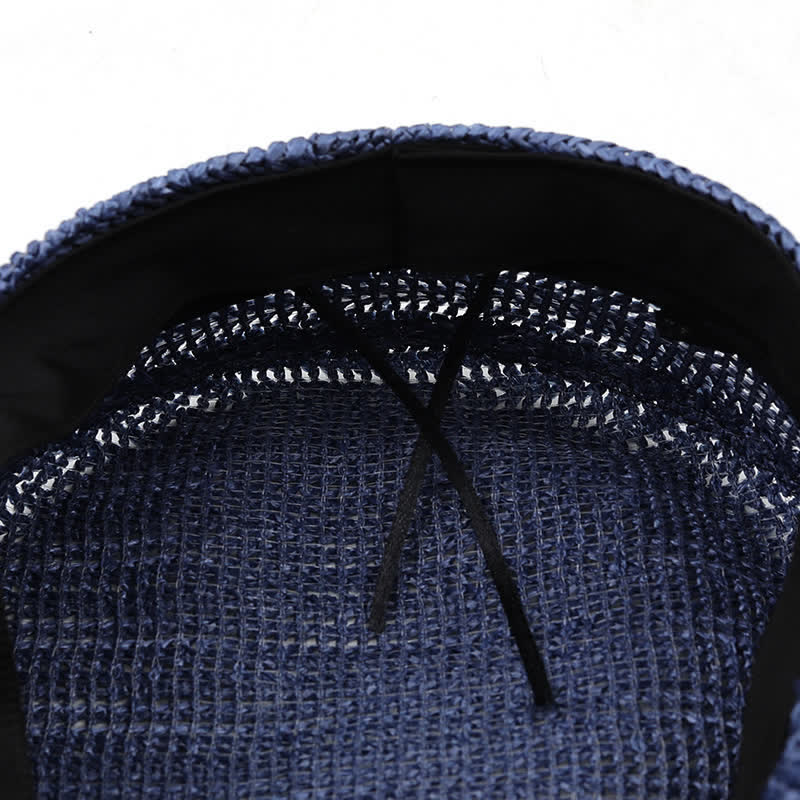 Boina de paja de crochet con gorra azul marino de copa plana para mujer