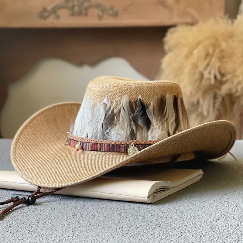 Sombrero de vaquero occidental con banda de plumas estilo étnico de ala grande