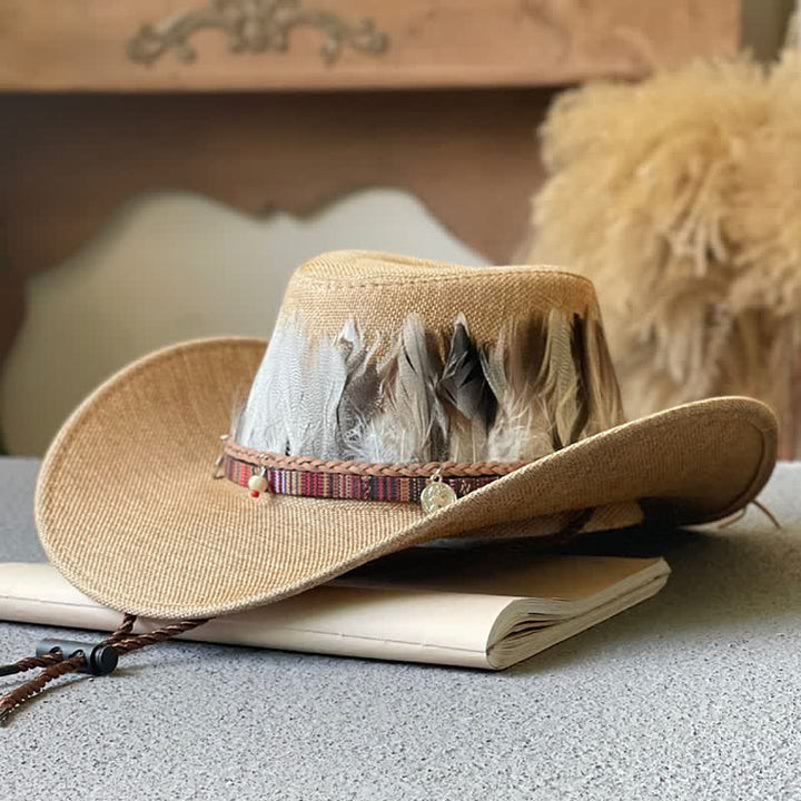 Sombrero de vaquero occidental con banda de plumas estilo étnico de ala grande