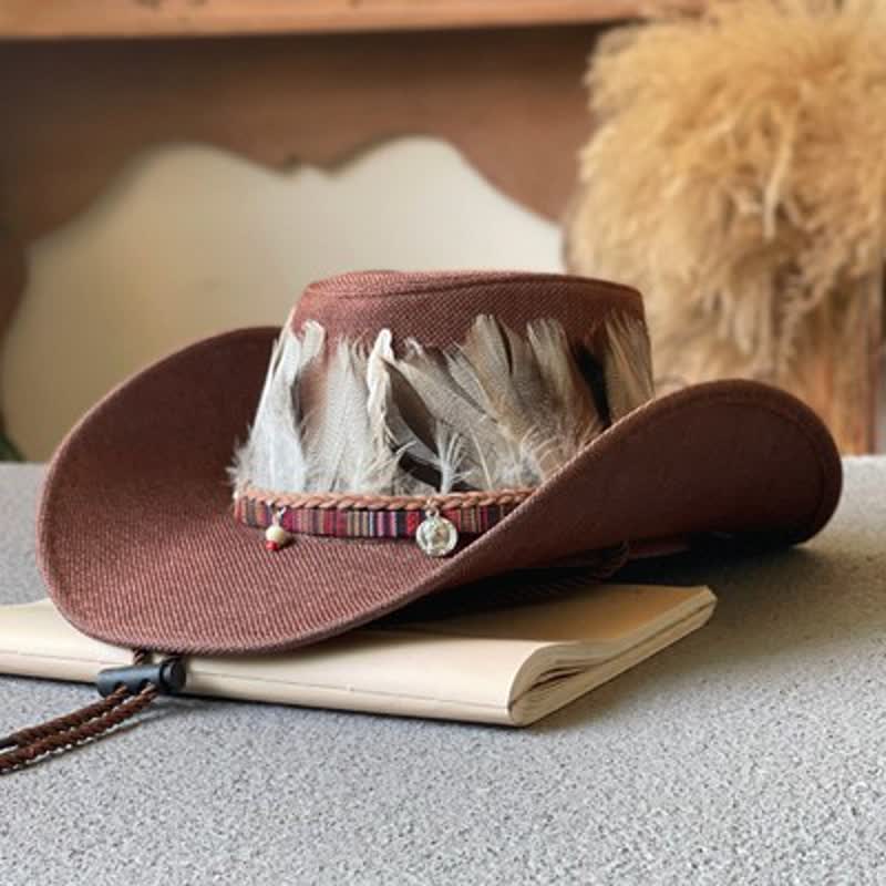 Sombrero de vaquero occidental con banda de plumas estilo étnico de ala grande