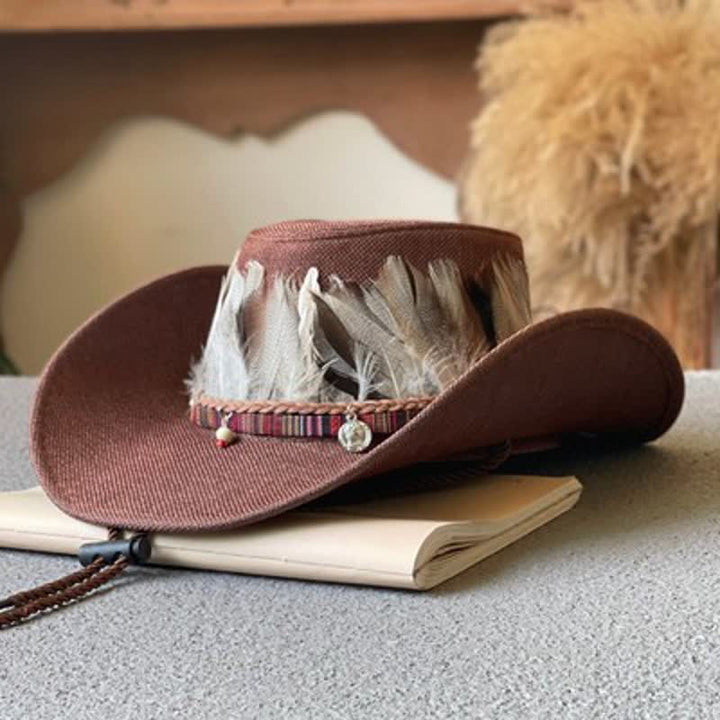 Sombrero de vaquero occidental con banda de plumas estilo étnico de ala grande