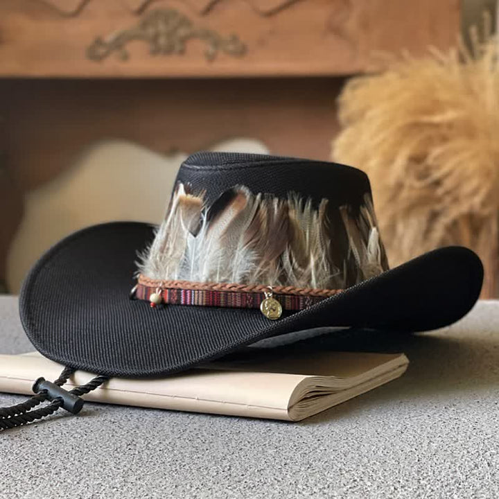 Sombrero de vaquero occidental con banda de plumas estilo étnico de ala grande