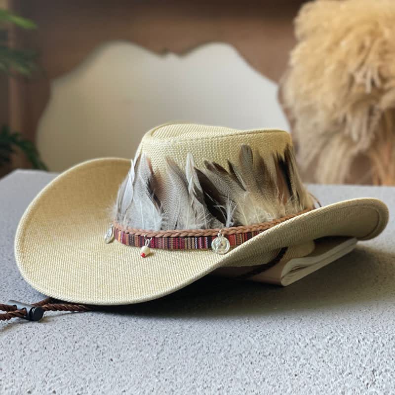 Sombrero de vaquero occidental con banda de plumas estilo étnico de ala grande