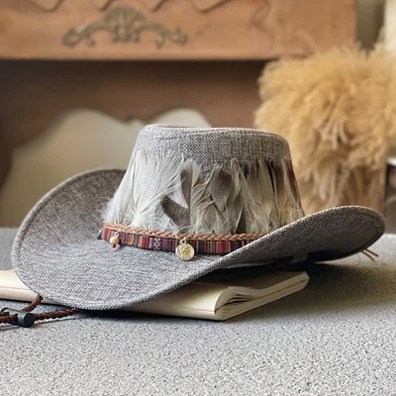 Sombrero de vaquero occidental con banda de plumas estilo étnico de ala grande