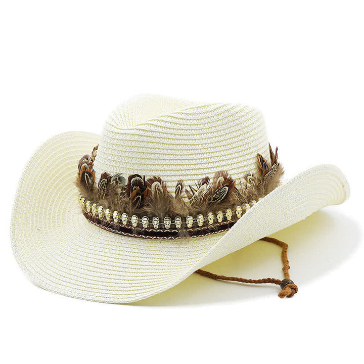 Sombrero vaquero clásico de paja con banda de plumas de verano
