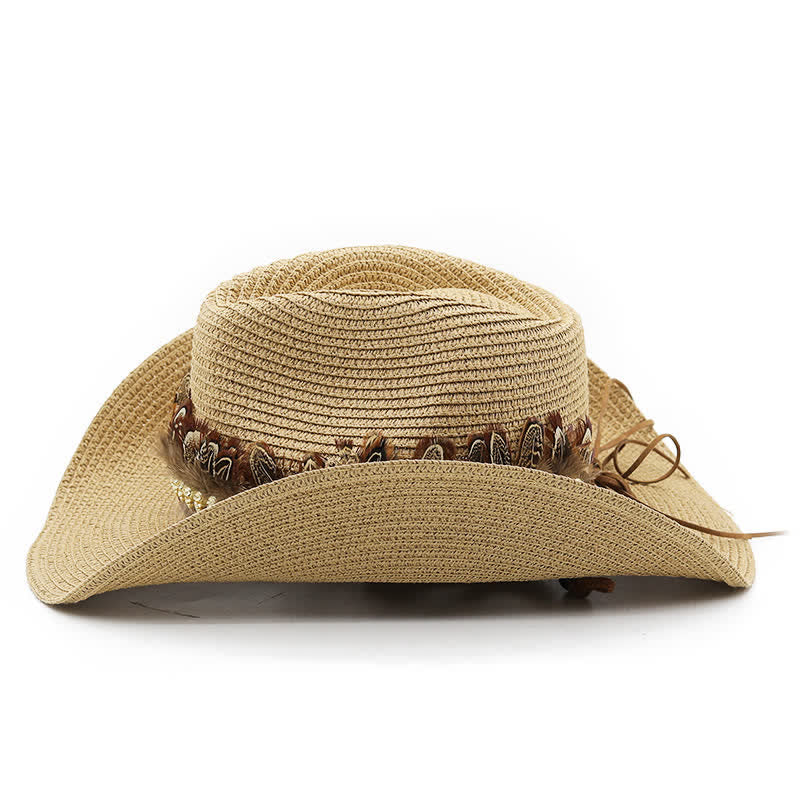 Sombrero vaquero clásico de paja con banda de plumas de verano
