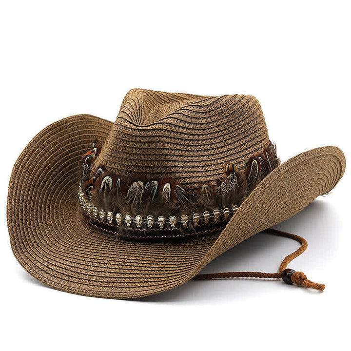 Sombrero vaquero clásico de paja con banda de plumas de verano