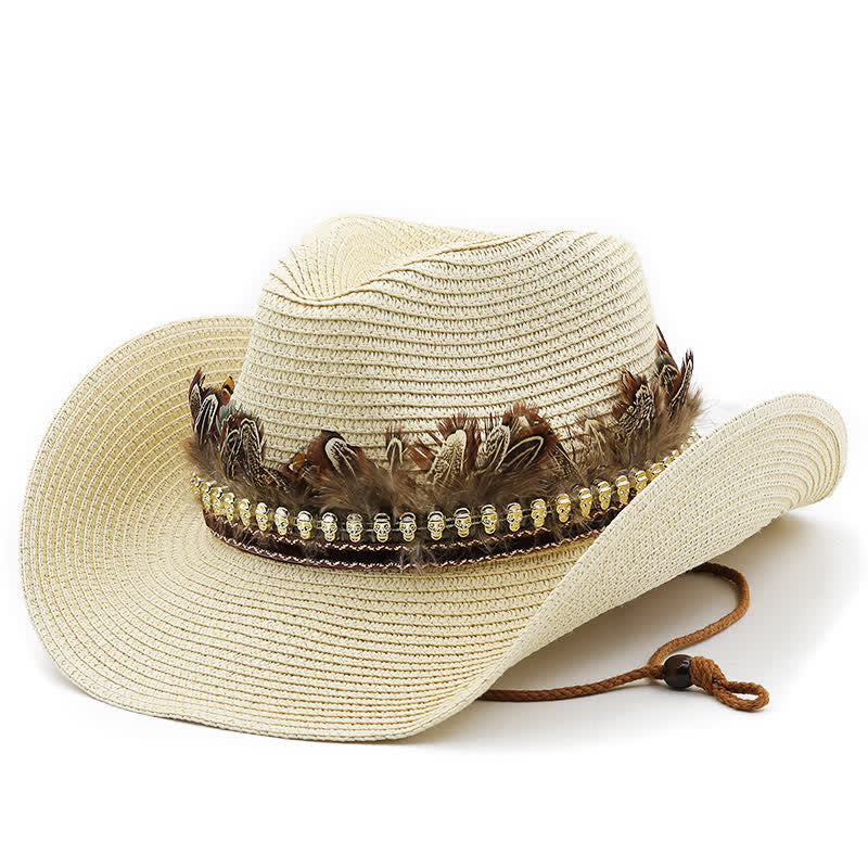 Sombrero vaquero clásico de paja con banda de plumas de verano