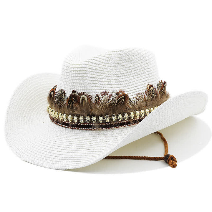 Sombrero vaquero clásico de paja con banda de plumas de verano