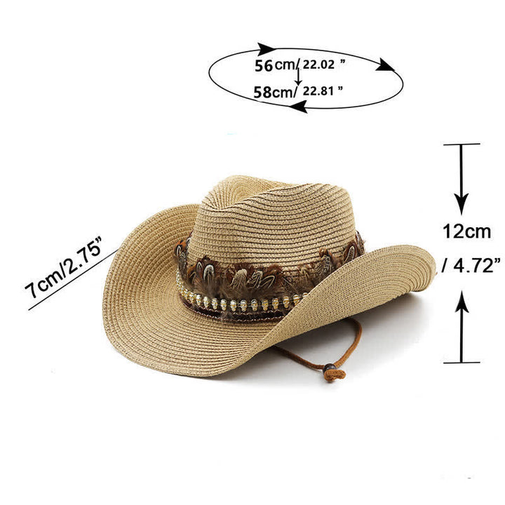 Sombrero vaquero clásico de paja con banda de plumas de verano