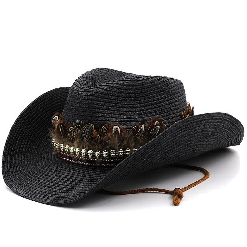 Sombrero vaquero clásico de paja con banda de plumas de verano