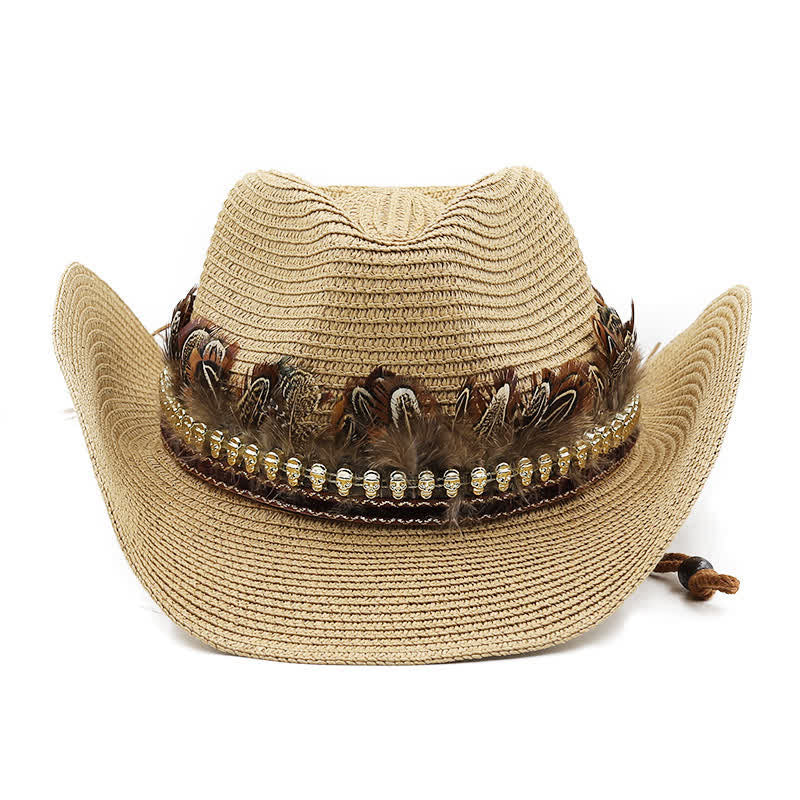 Sombrero vaquero clásico de paja con banda de plumas de verano