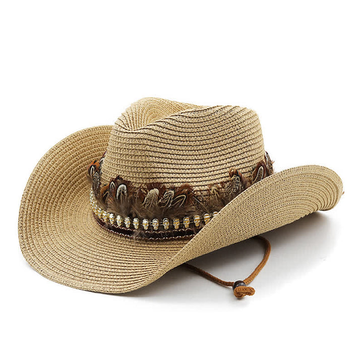 Sombrero vaquero clásico de paja con banda de plumas de verano