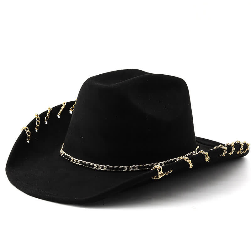 Sombrero vaquero de terciopelo y ante para todas las estaciones con cadena metálica dorada estilo punk