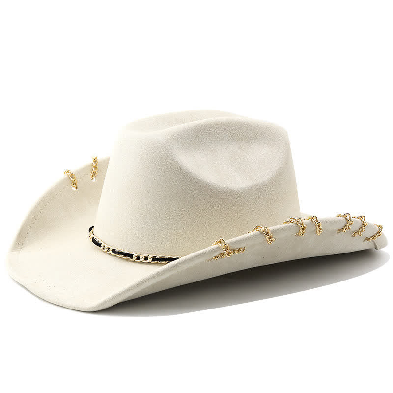 Sombrero vaquero de terciopelo y ante para todas las estaciones con cadena metálica dorada estilo punk
