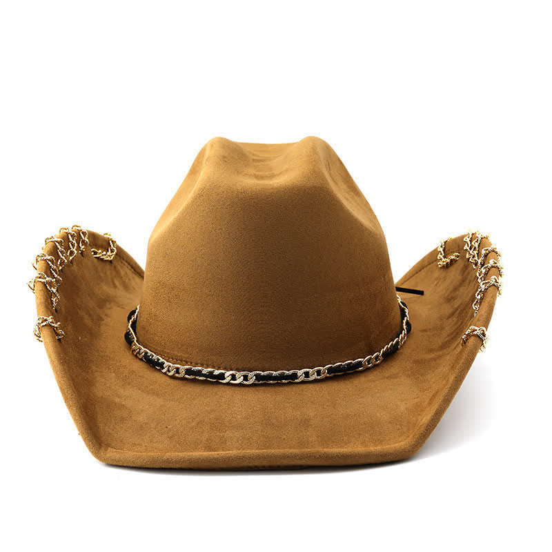 Sombrero vaquero de terciopelo y ante para todas las estaciones con cadena metálica dorada estilo punk