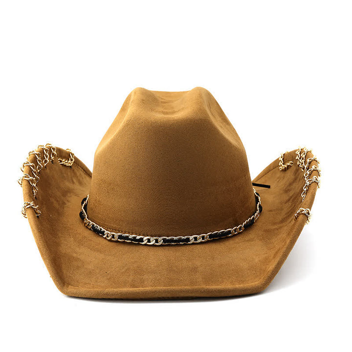 Sombrero vaquero de terciopelo y ante para todas las estaciones con cadena metálica dorada estilo punk