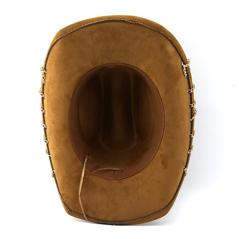 Sombrero vaquero de terciopelo y ante para todas las estaciones con cadena metálica dorada estilo punk