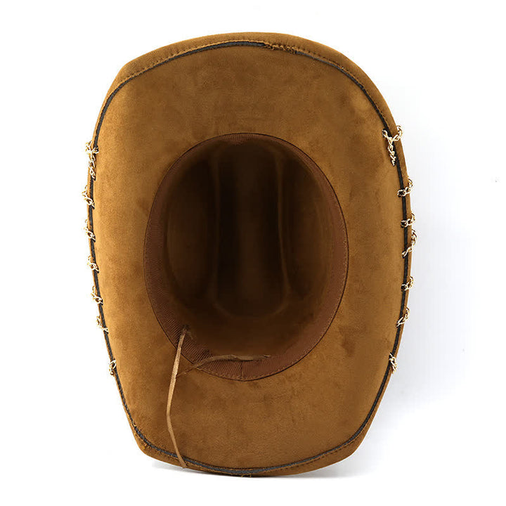 Sombrero vaquero de terciopelo y ante para todas las estaciones con cadena metálica dorada estilo punk