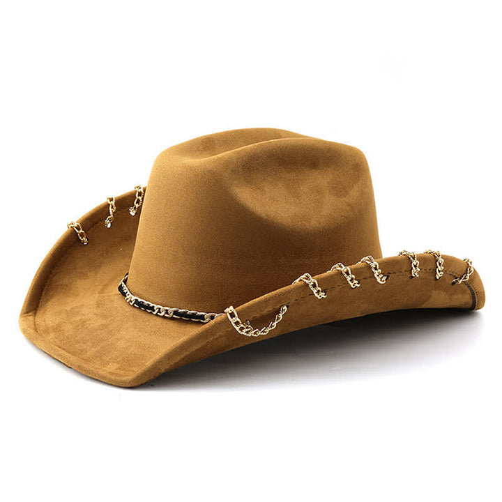 Sombrero vaquero de terciopelo y ante para todas las estaciones con cadena metálica dorada estilo punk