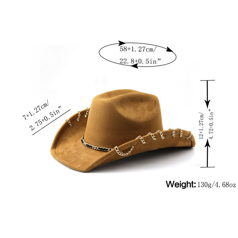 Sombrero vaquero de terciopelo y ante para todas las estaciones con cadena metálica dorada estilo punk