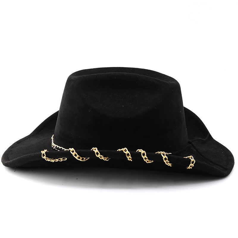 Sombrero vaquero de terciopelo y ante para todas las estaciones con cadena metálica dorada estilo punk