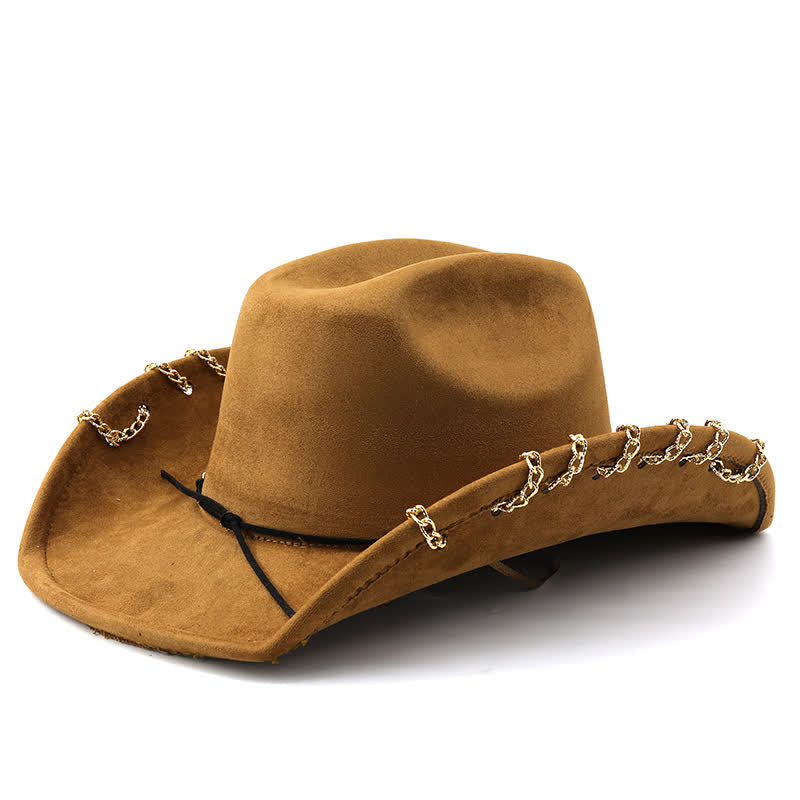 Sombrero vaquero de terciopelo y ante para todas las estaciones con cadena metálica dorada estilo punk